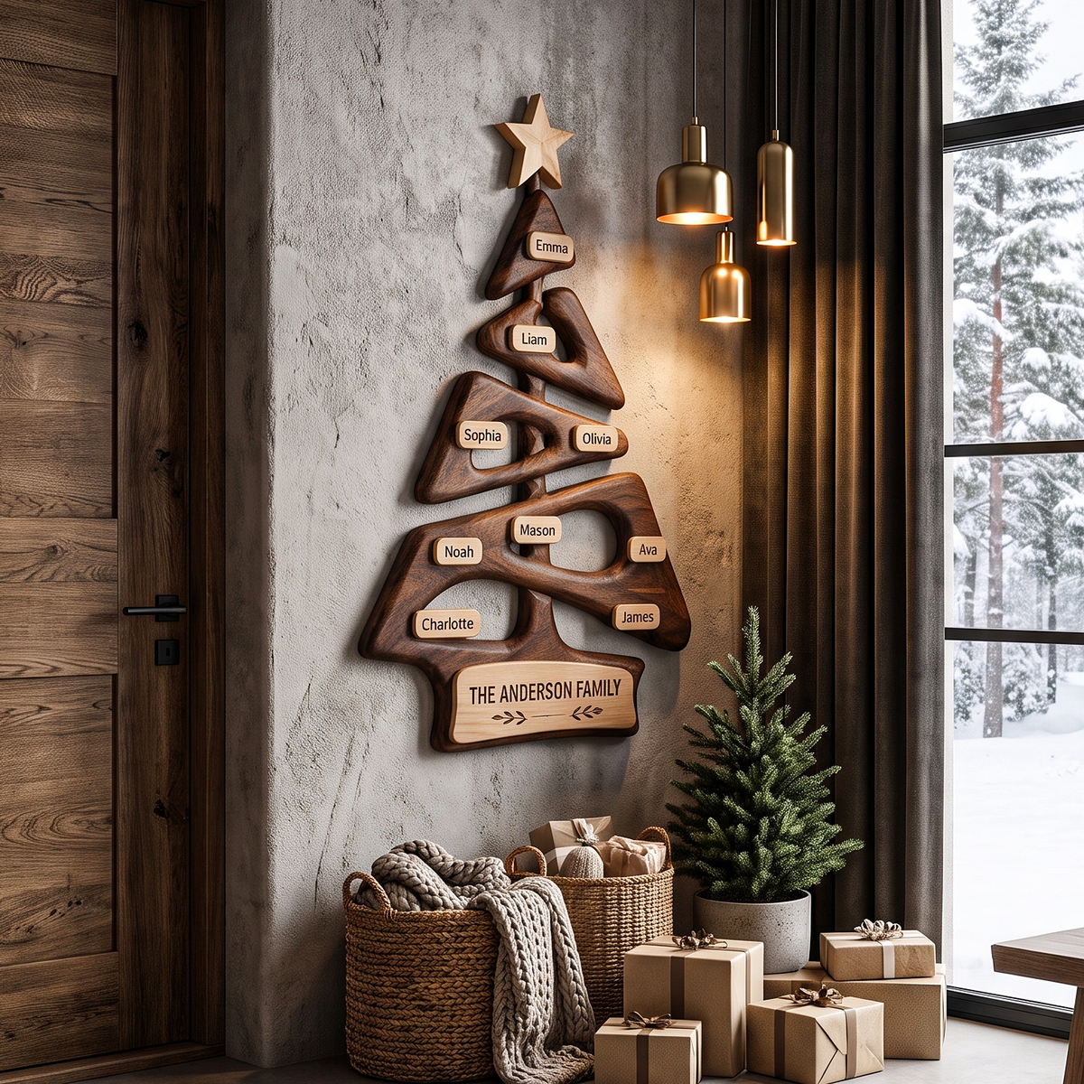Organic Family Tree Wall Art with Custom Family Name Sign, solid wood, built to order