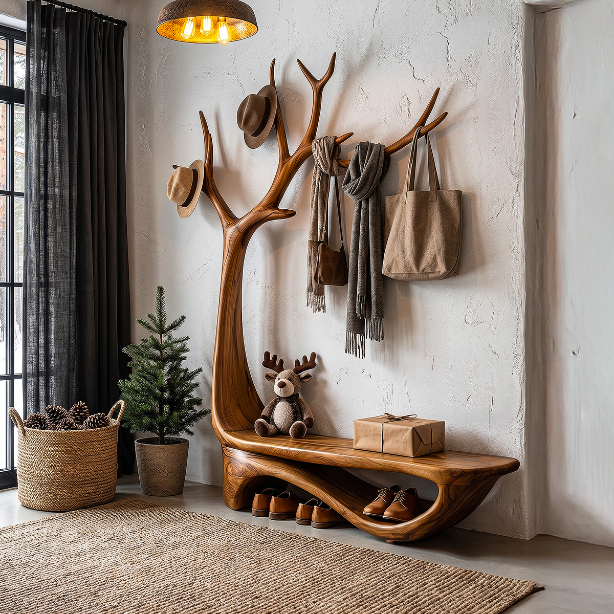 Organic Tree Shoe Bench Wall Mounted Coat Rack Storage, solid wood, built to order