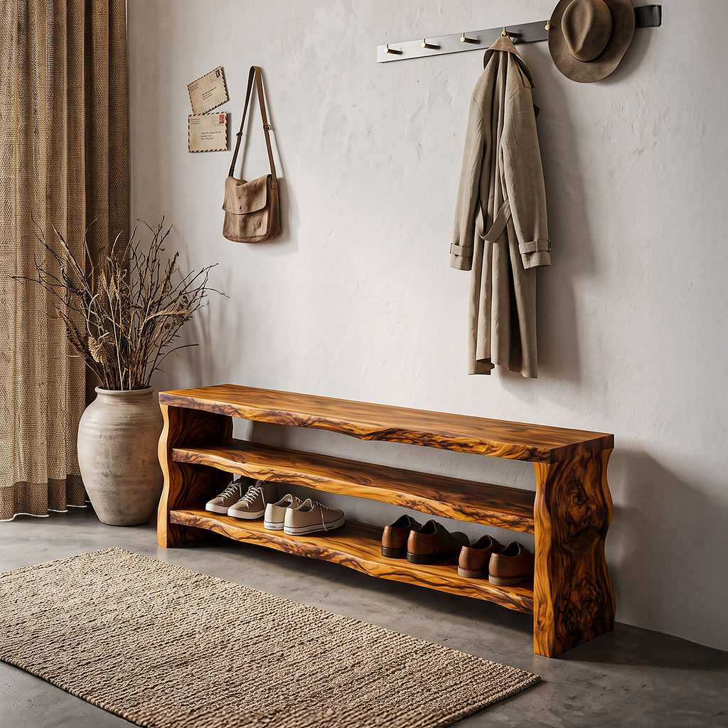 Live Edge Shoe Bench Open Storage Organizer, solid wood, built to order