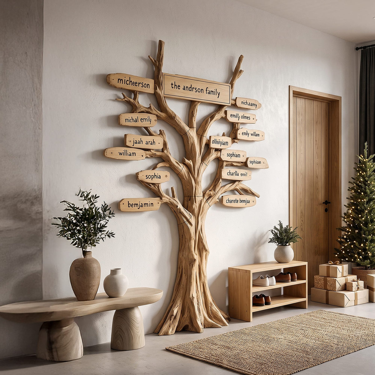 Contemporary Family Tree Wall Art with Custom Name Plaques, solid wood, built to order