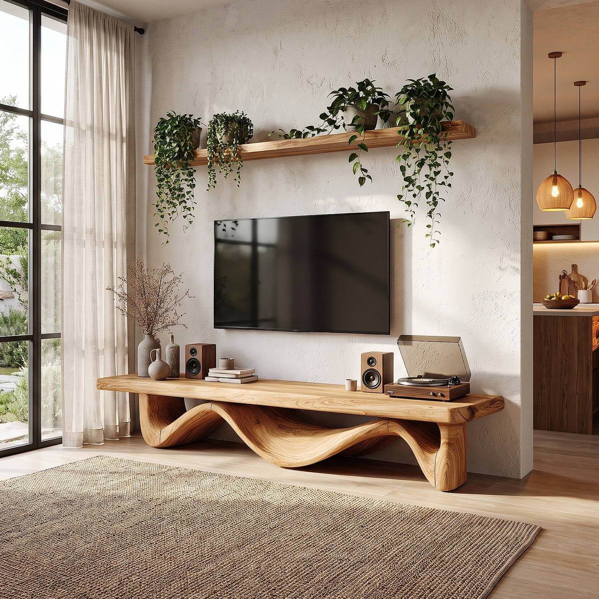 Organic Open Loop TV Cabinet Solid Media Console, solid wood, built to order