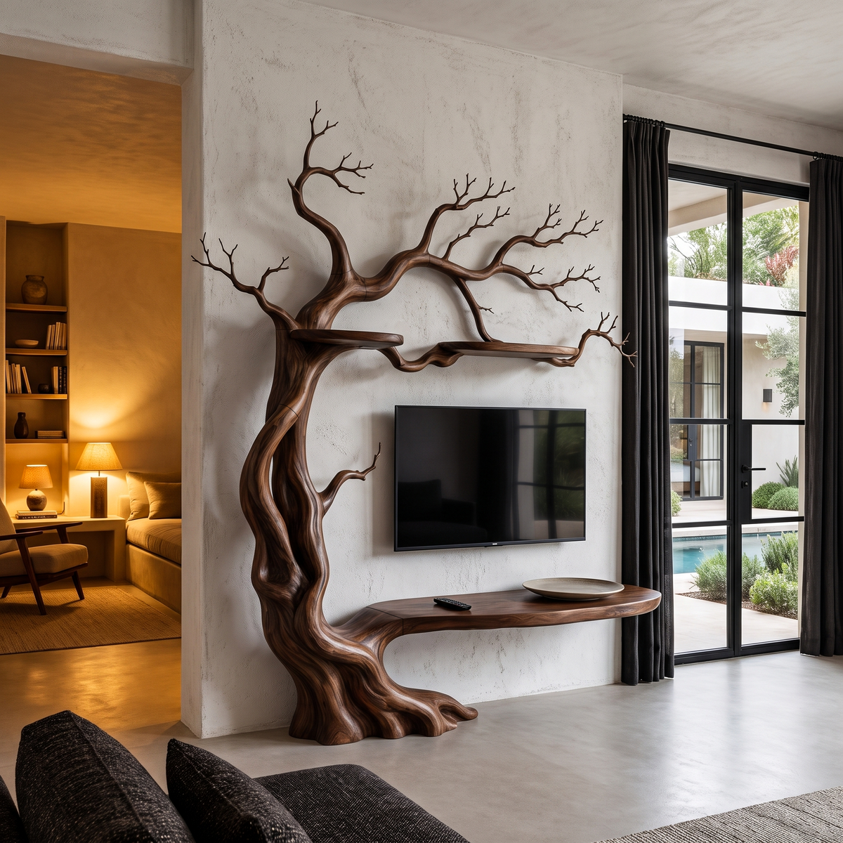 Organic Wall Mounted TV Stand with Sculptural Tree Branch Design, solid wood, built to order