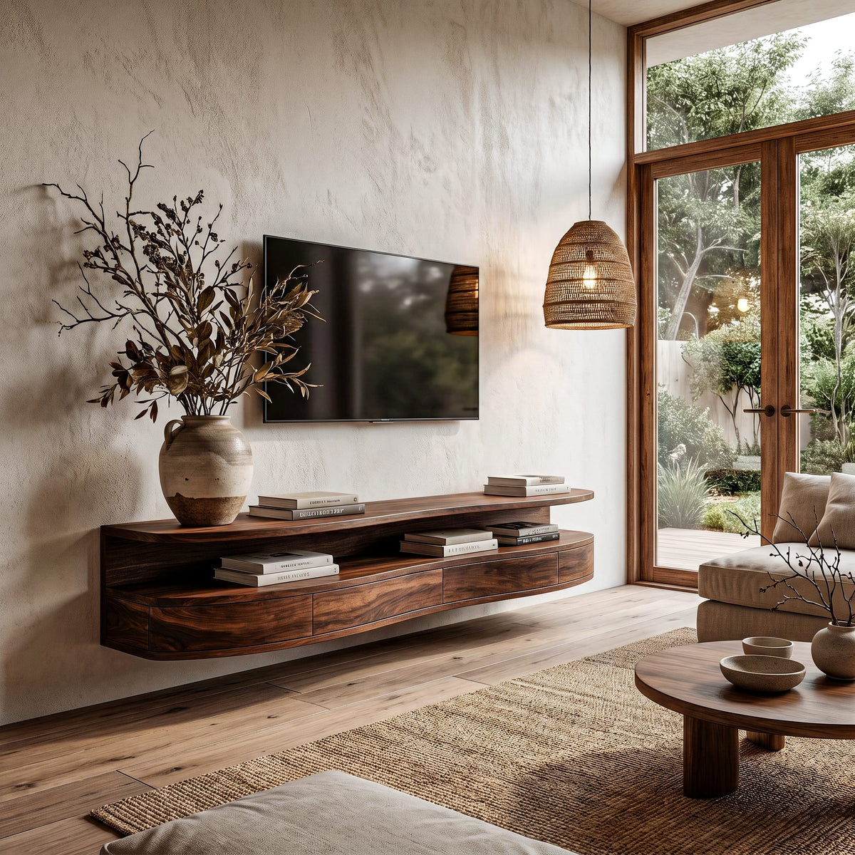 Contemporary Floating TV Stand with Built-in Drawer Storage, solid wood, built to order