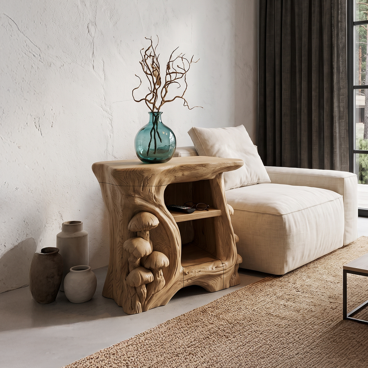 Organic Solid Bedside Table with Sculptural Tree Branch Base, solid wood, built to order