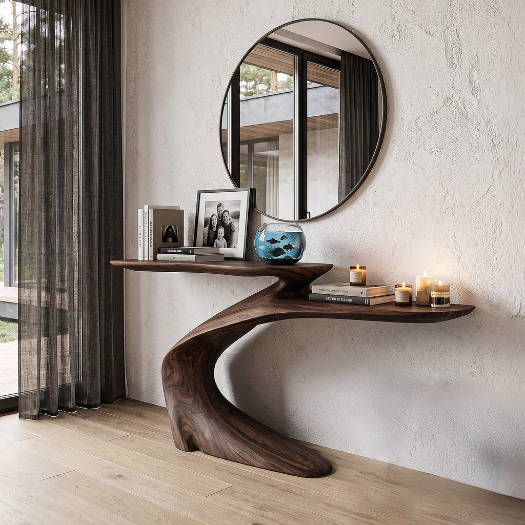 Mid Century Sculptural Console Table, solid wood, built to order