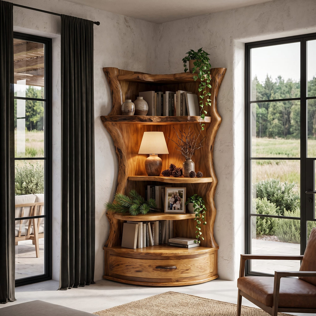 Mid Century Corner Shelf Unit with Curved Storage Base, solid wood, built to order