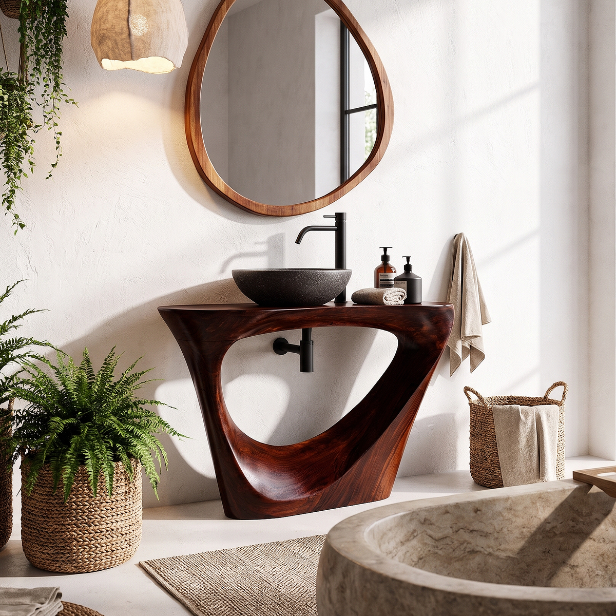Live Edge Floating Bathroom Vanity with Sculptural Tree Support, solid wood, built to order