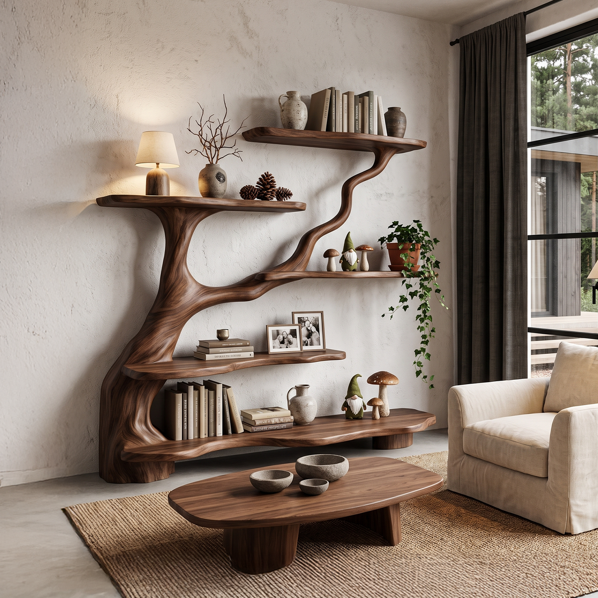 Organic Tree Bookshelf with Flowing Branch Design, solid wood, built to order