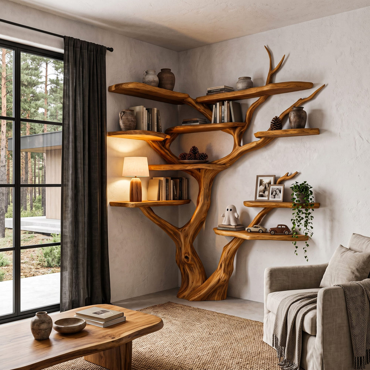 Contemporary Tree Bookshelf with Corner Branch Design, solid wood, built to order