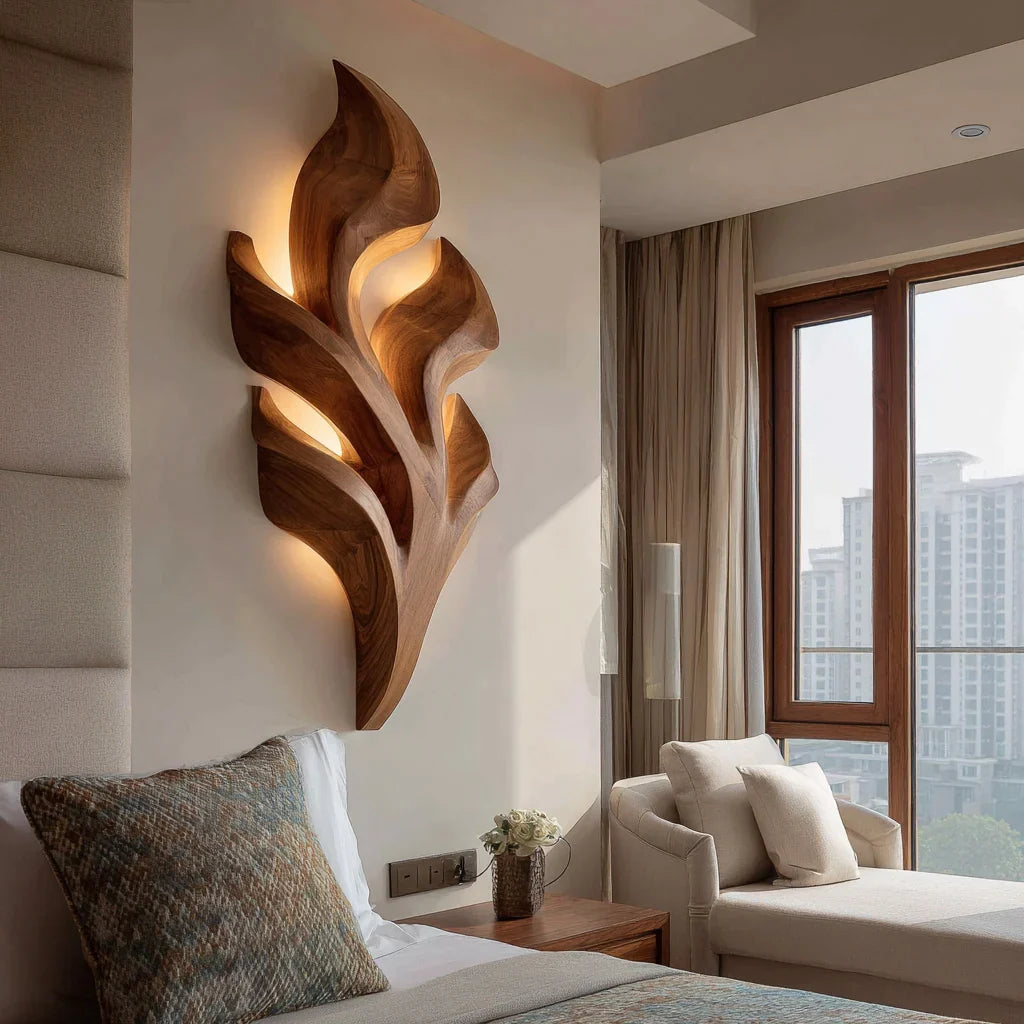 Organic Leaf Wooden Wall Lamp, solid wood, built to order