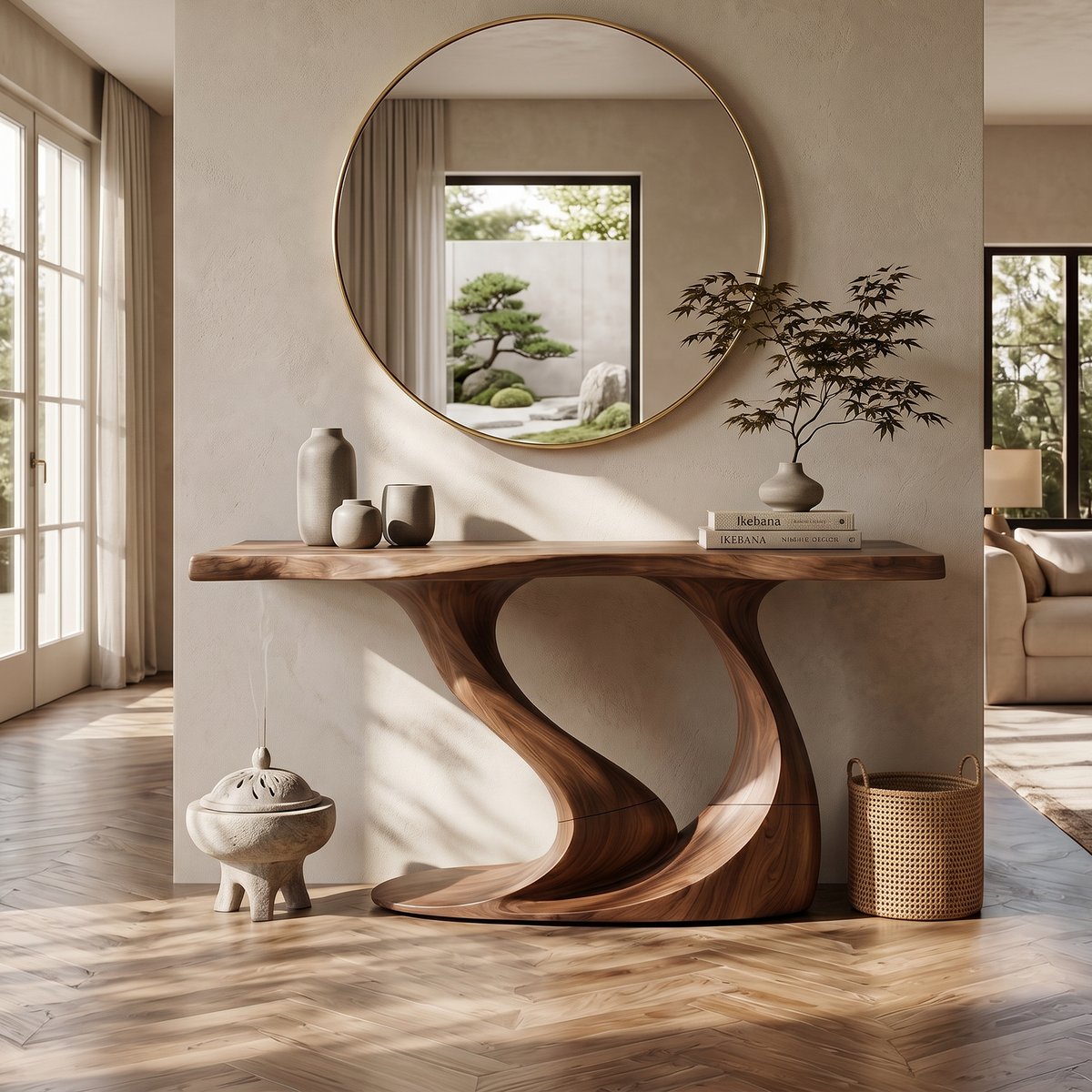 Contemporary Wave Base Console Table Hallway, solid wood, built to order