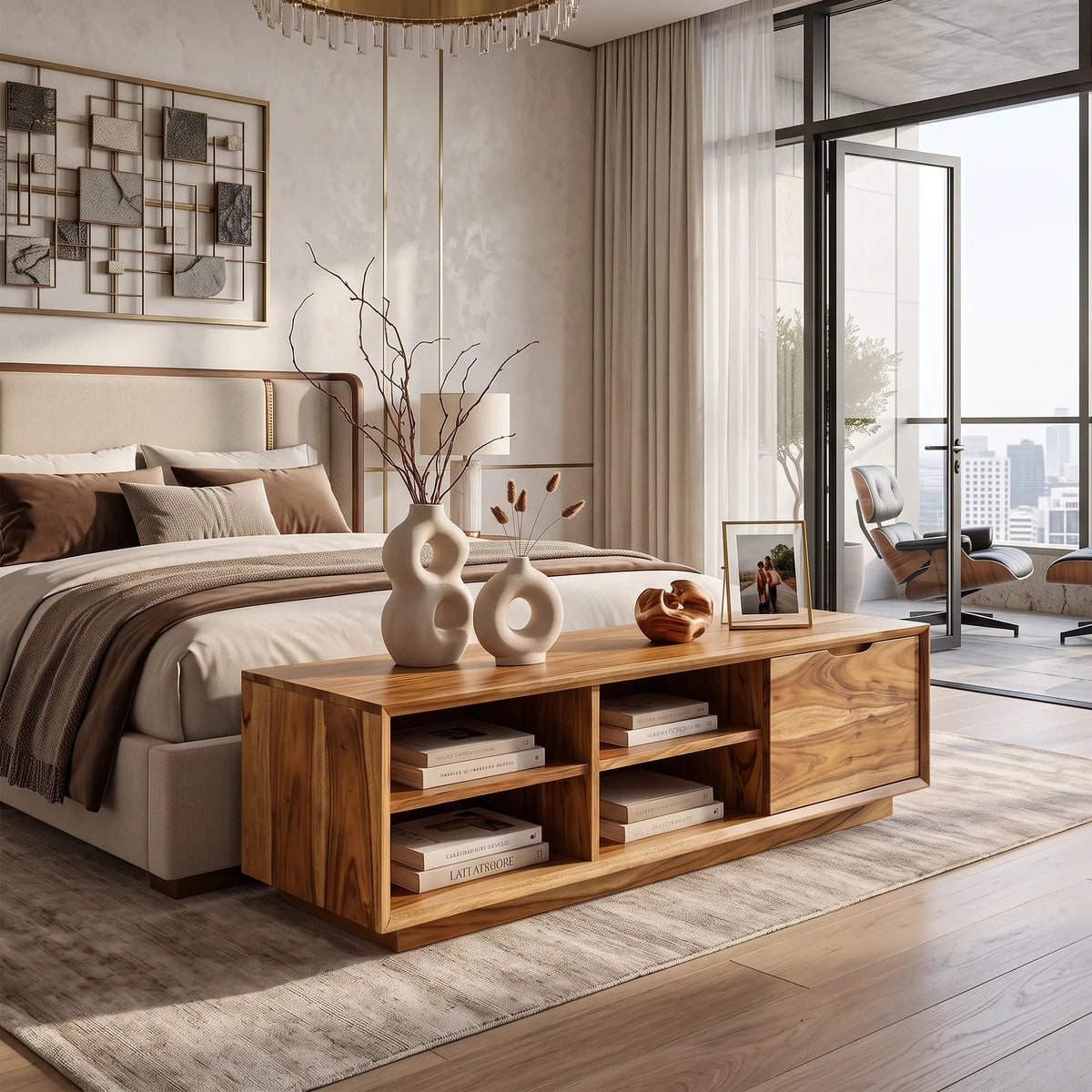Minimalist Bedroom Storage Bench Shelves, solid wood, built to order