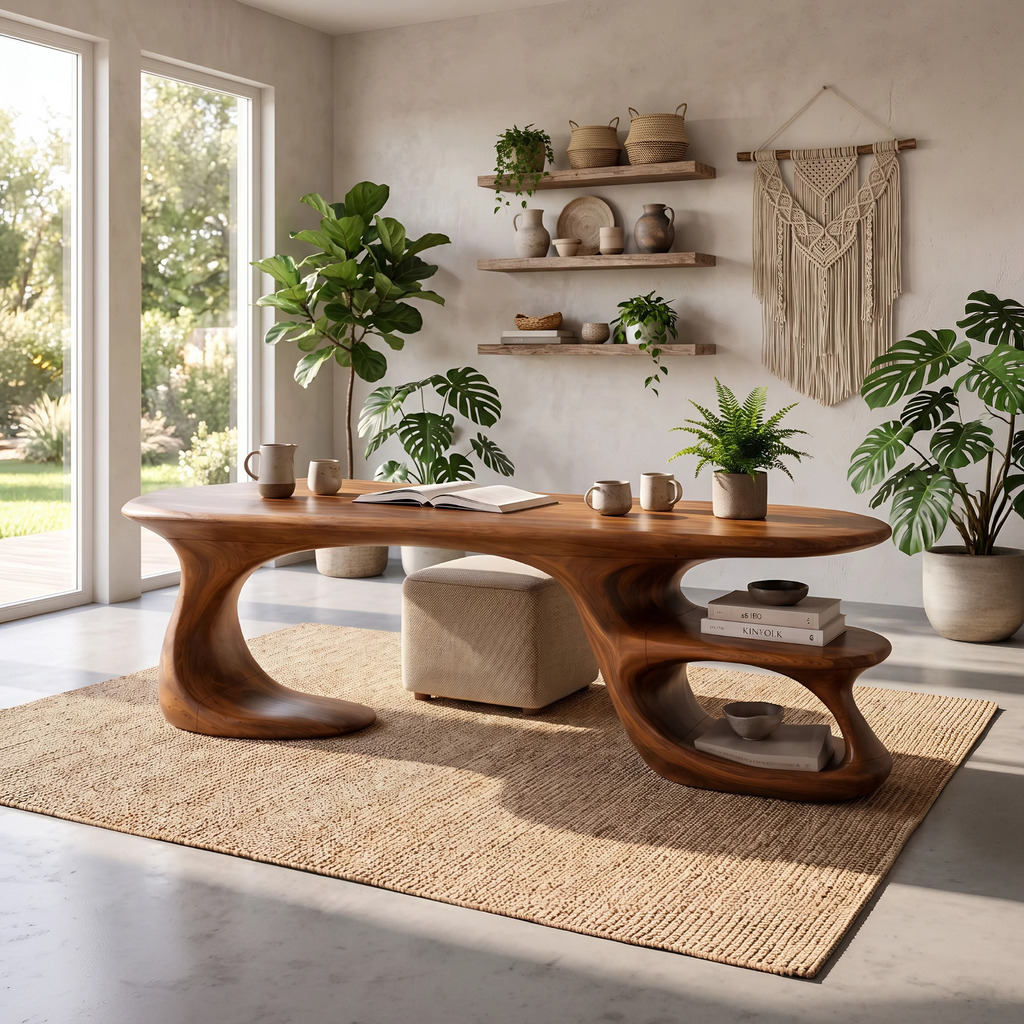 Modern Curved Shelf Desk Home Office Apartment, solid wood, built to order