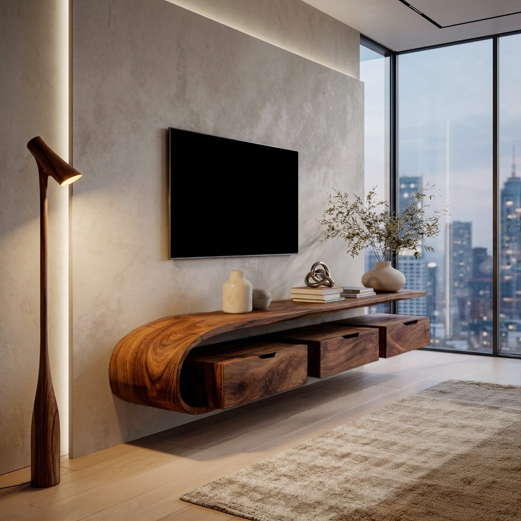Minimal Curved Floating TV Console with Drawers, solid wood, built to order