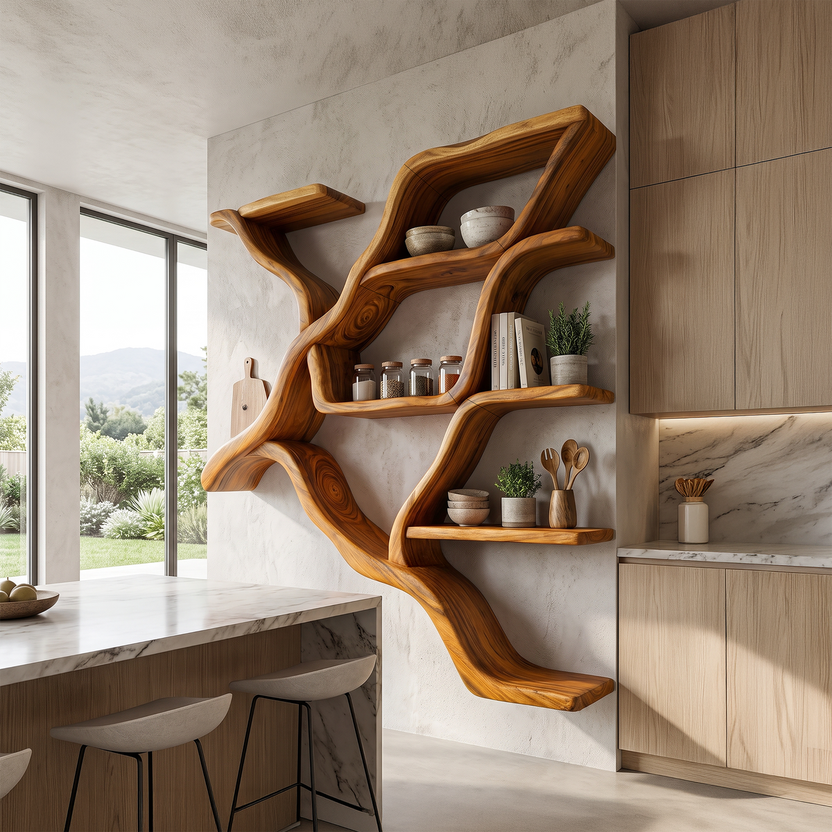 Organic Tree Branch Wall Mounted Shelves, solid wood, built to order