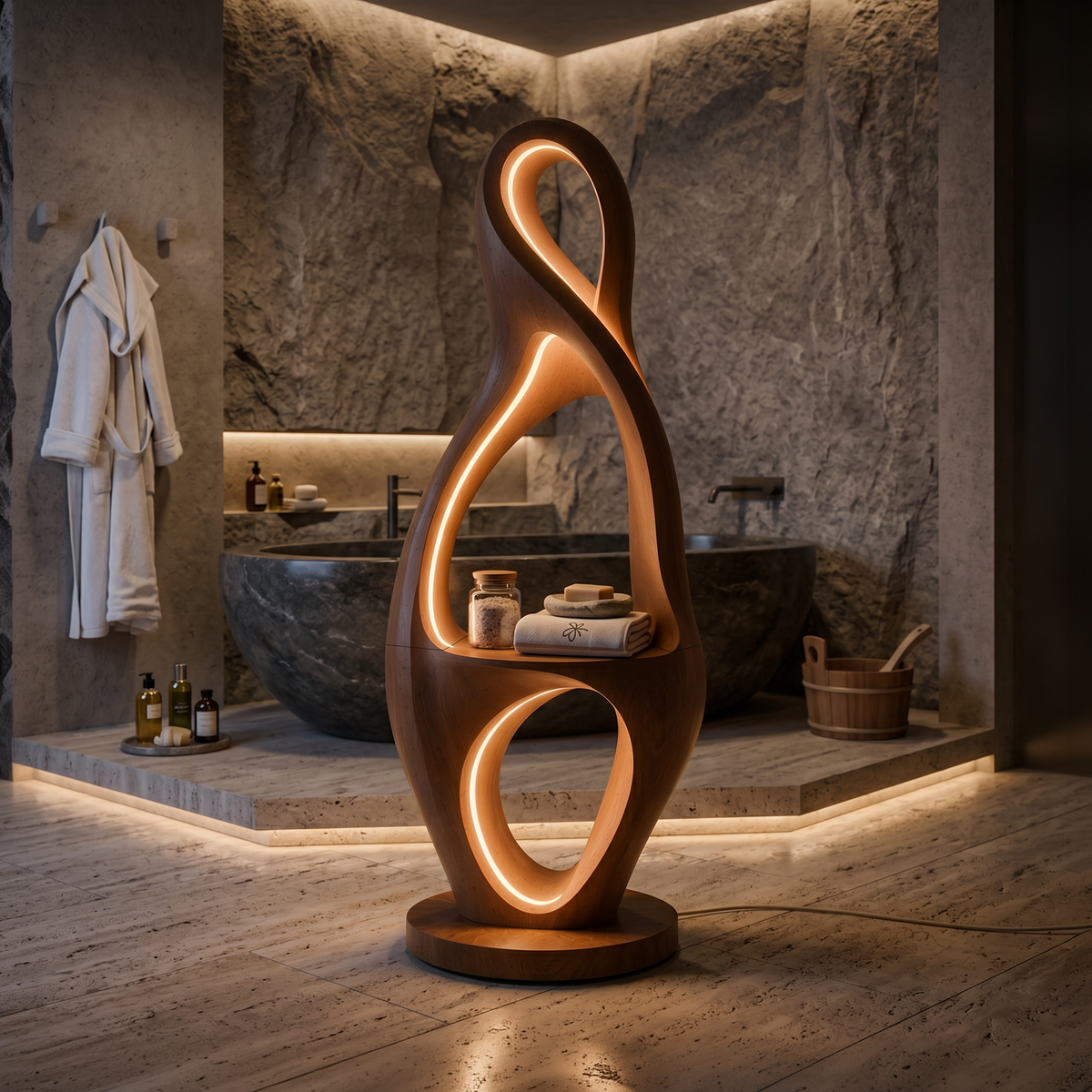 Organic Loop Lamp with Shelf, solid wood, built to order