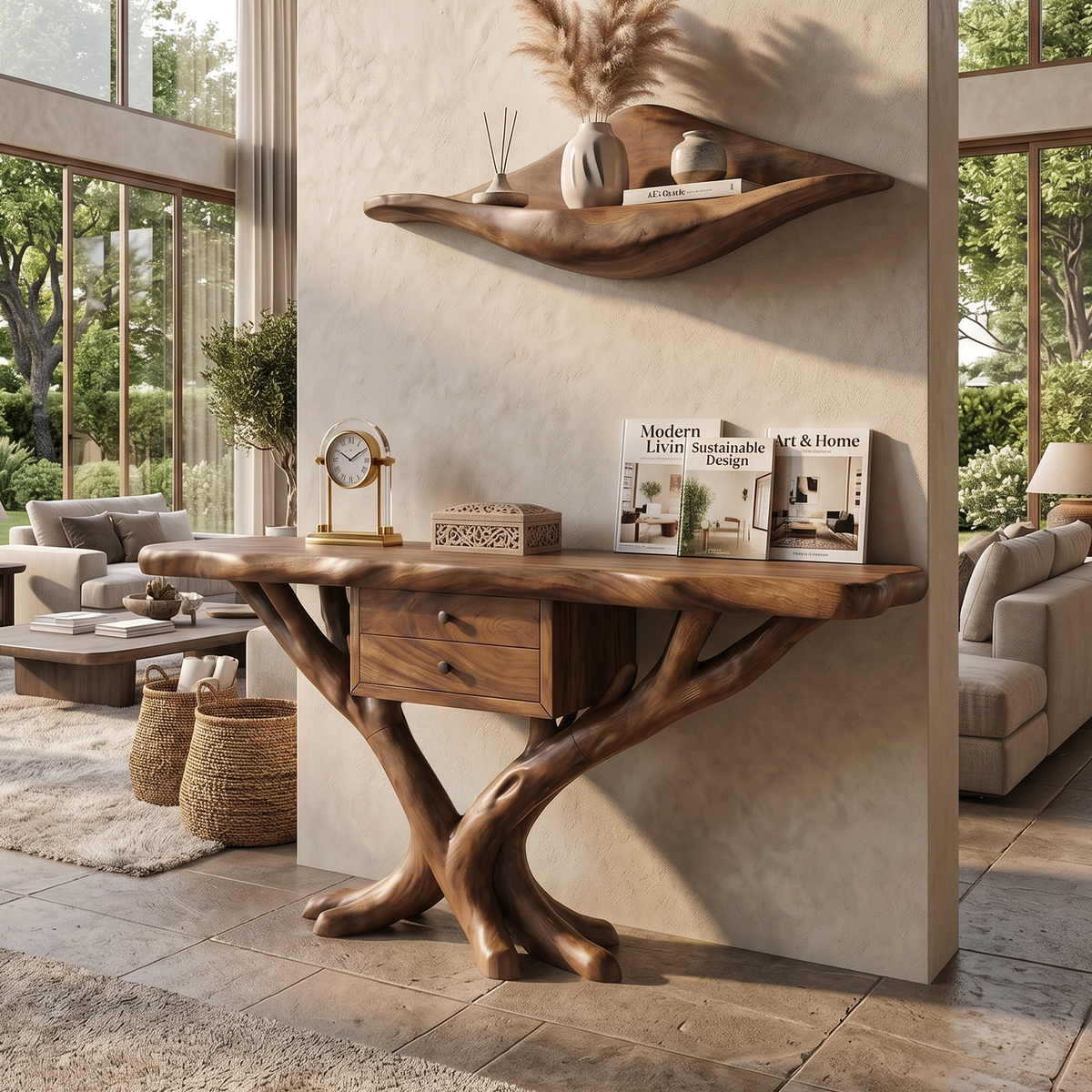 Organic Modern Tree Base Console Table Entryway, solid wood, built to order