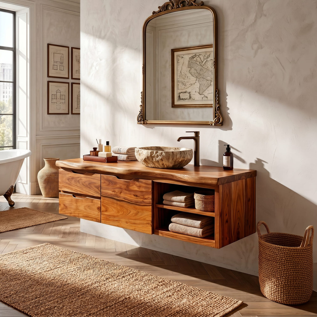 Japandi Wall Mounted Vanity Urban Loft Bathroom, solid wood, built to order