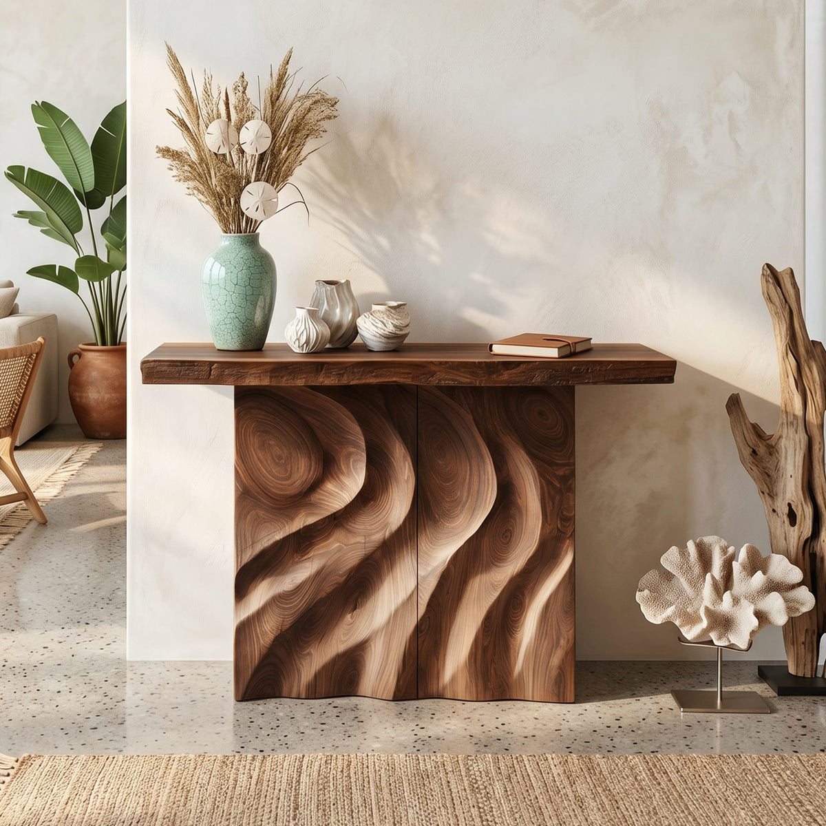 Mid Century Sculpted Base Console Table for Reception Area, solid wood, built to order