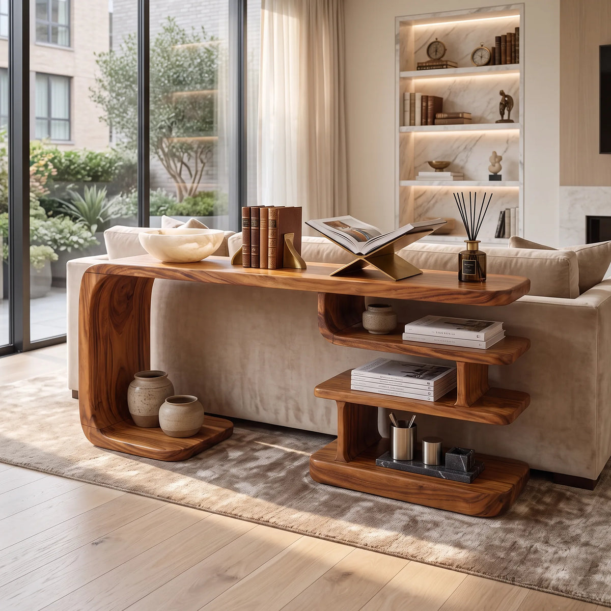 Contemporary Layered Shelf Console, solid wood, built to order