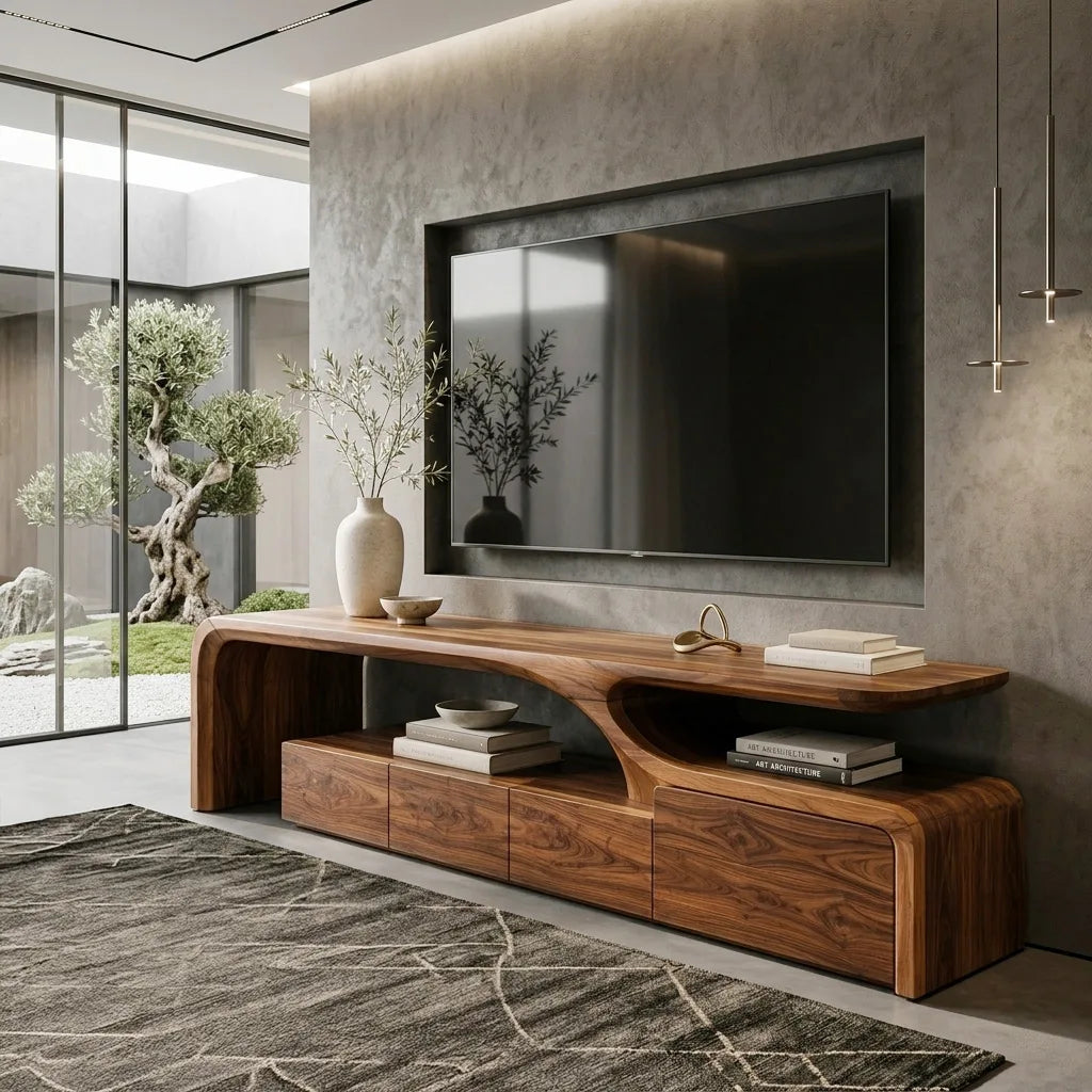 Contemporary Sculptural TV Console, solid wood, built to order