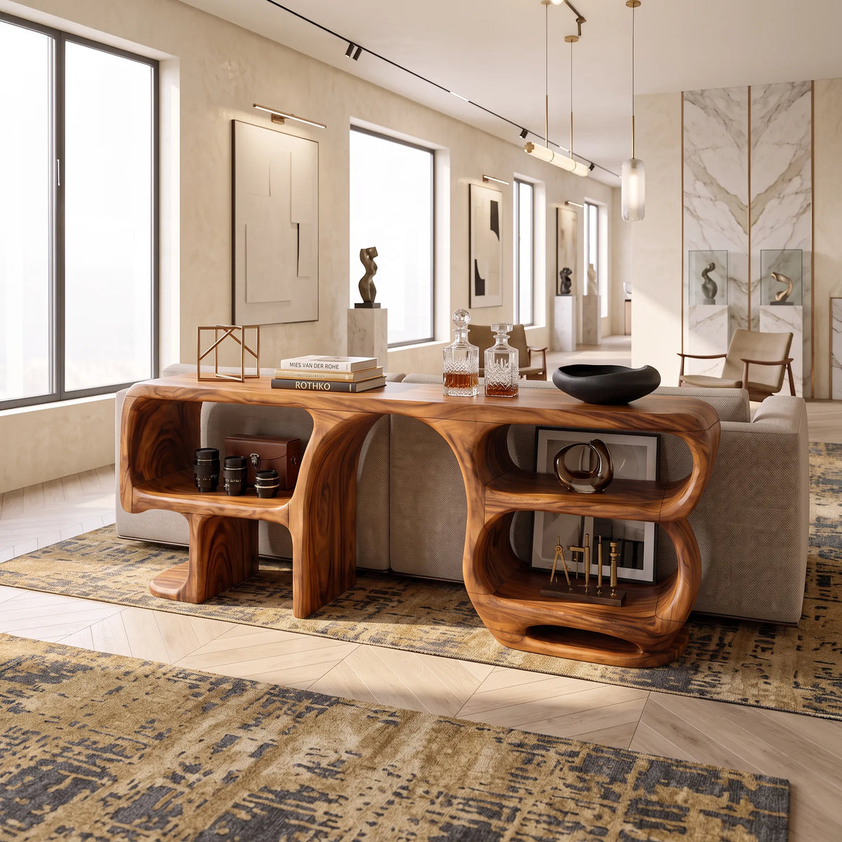 Modern Curved Frame Console, solid wood, built to order