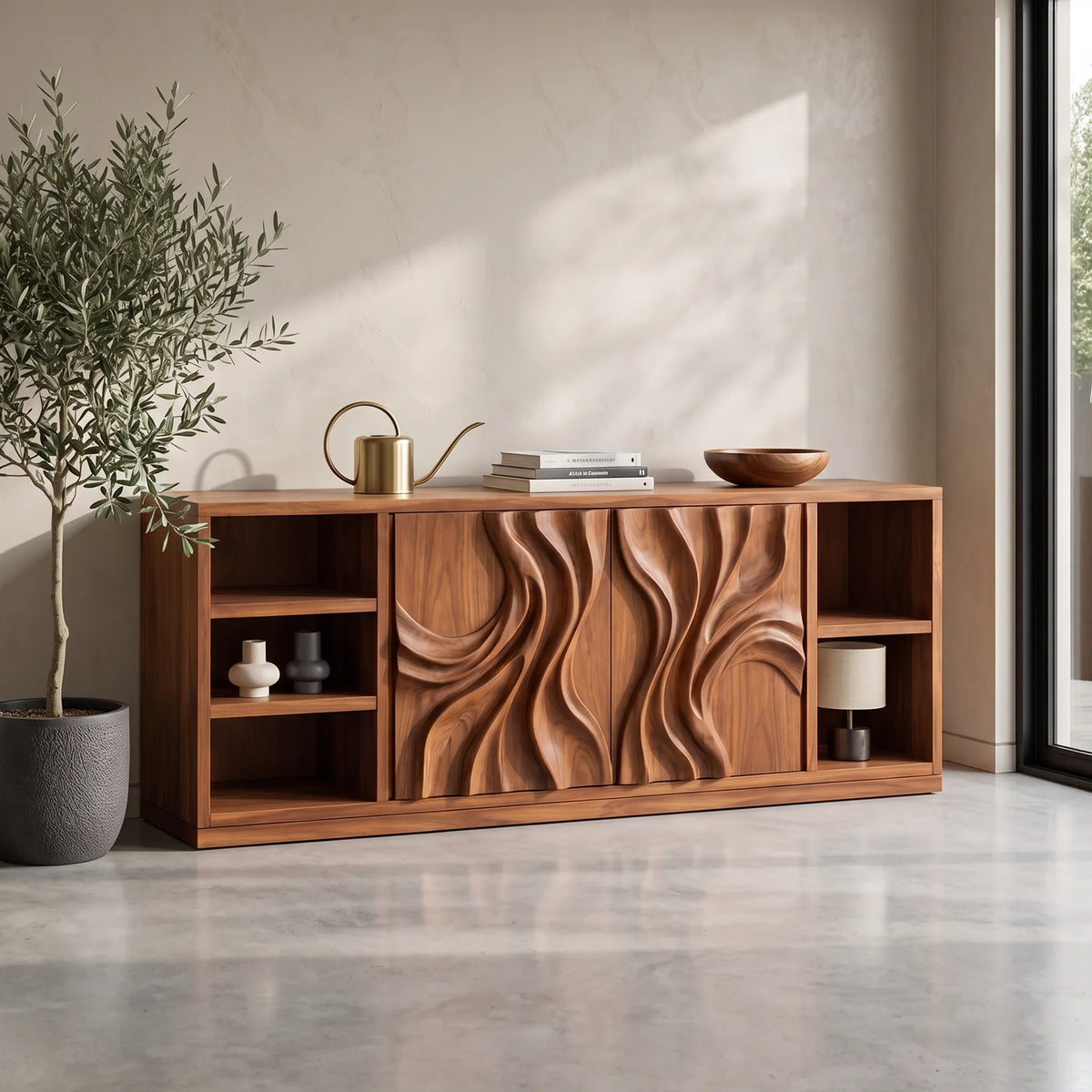 Mid Century Grooved Carved Sideboard Modern Entryway, solid wood, built to order
