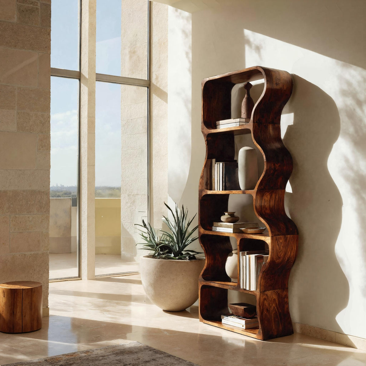 Organic Standing Shelf with Flowing Edges, solid wood, built to order