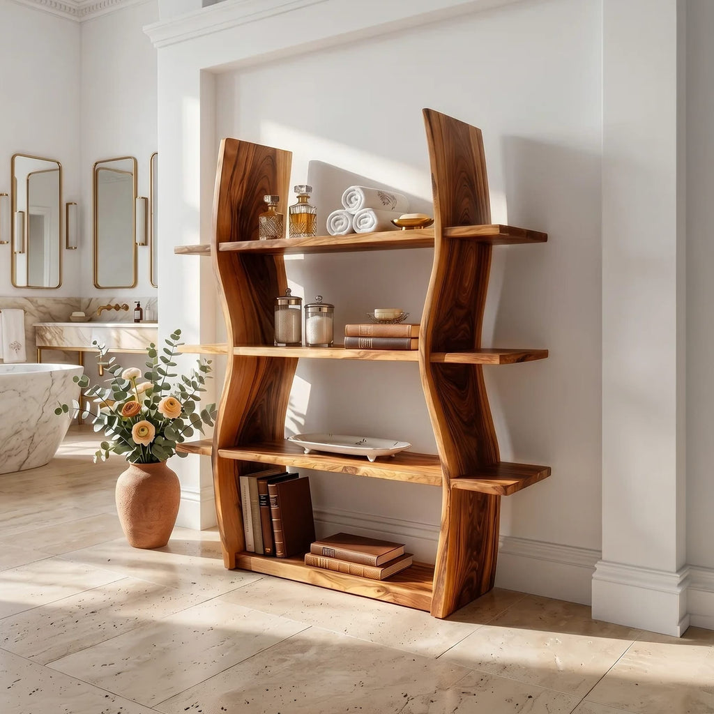 Elegant Wooden Storage Shelf in Wave Design, solid wood, built to order
