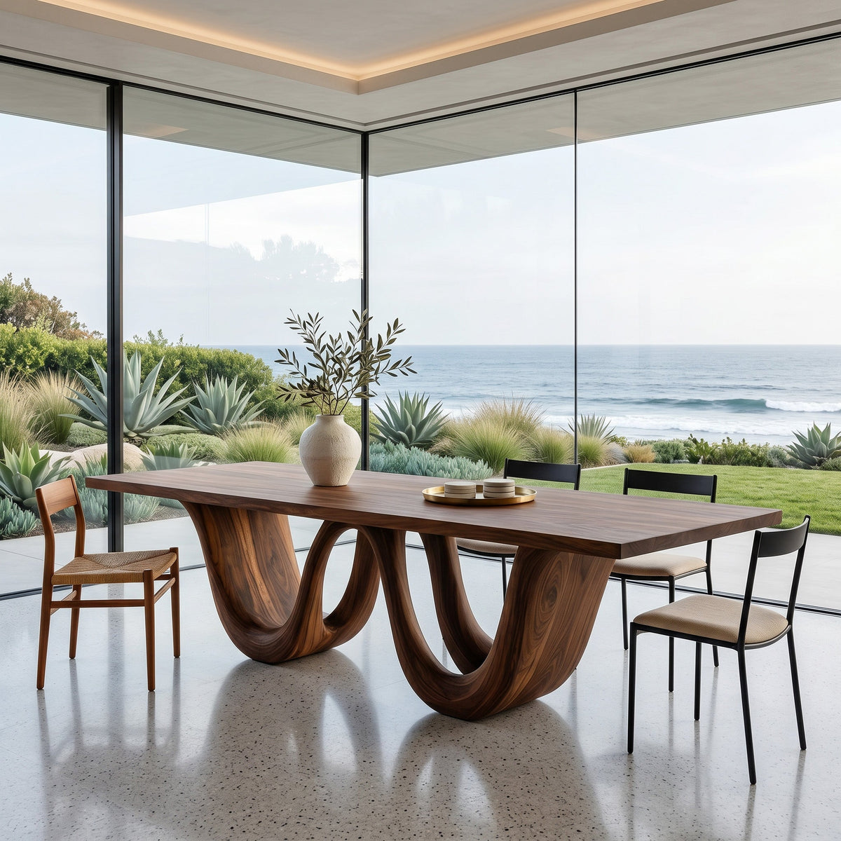Contemporary Two Wavy Legs Dining Table, solid wood, built to order