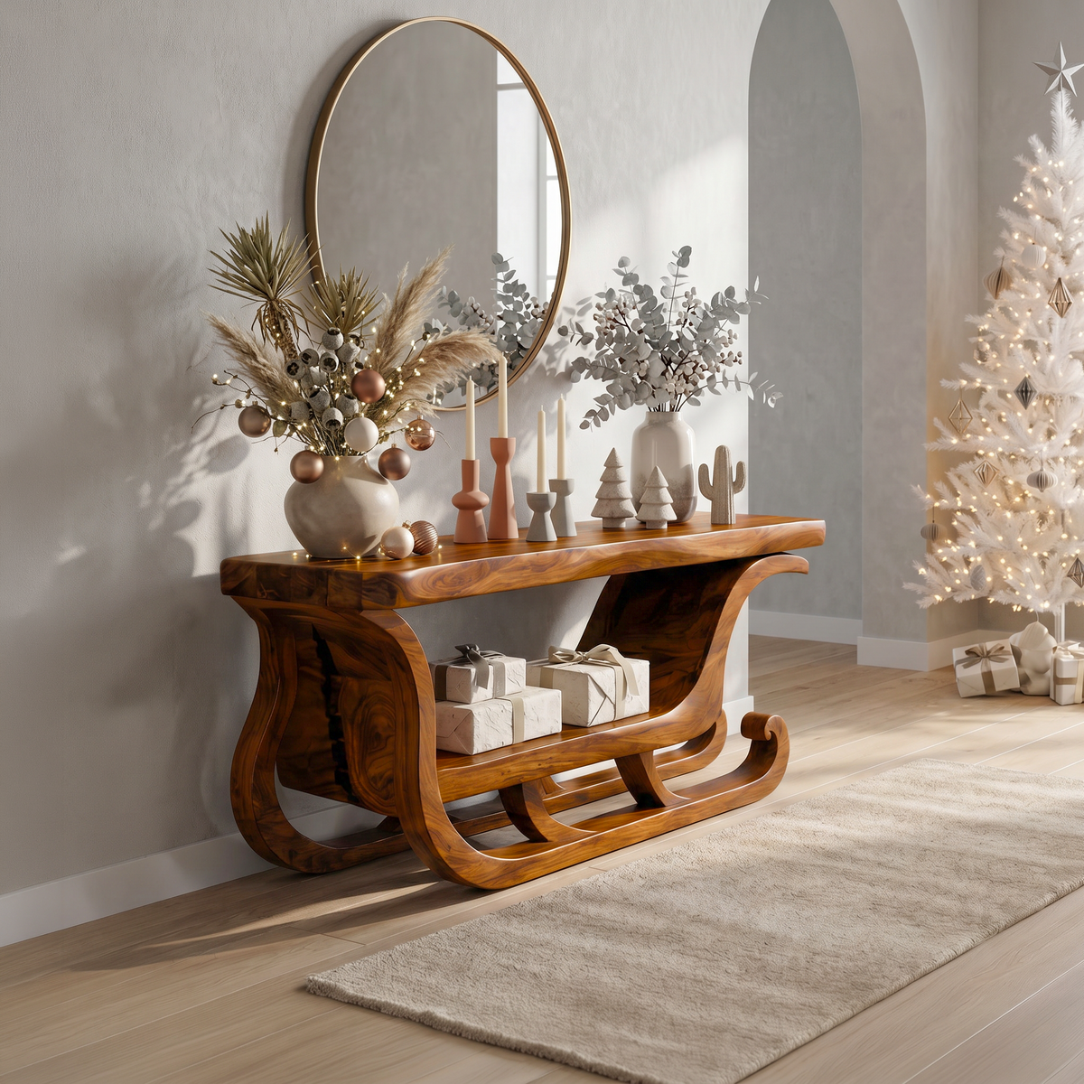 Organic Modern Console Table with Sleigh Inspired Design, solid wood, built to order