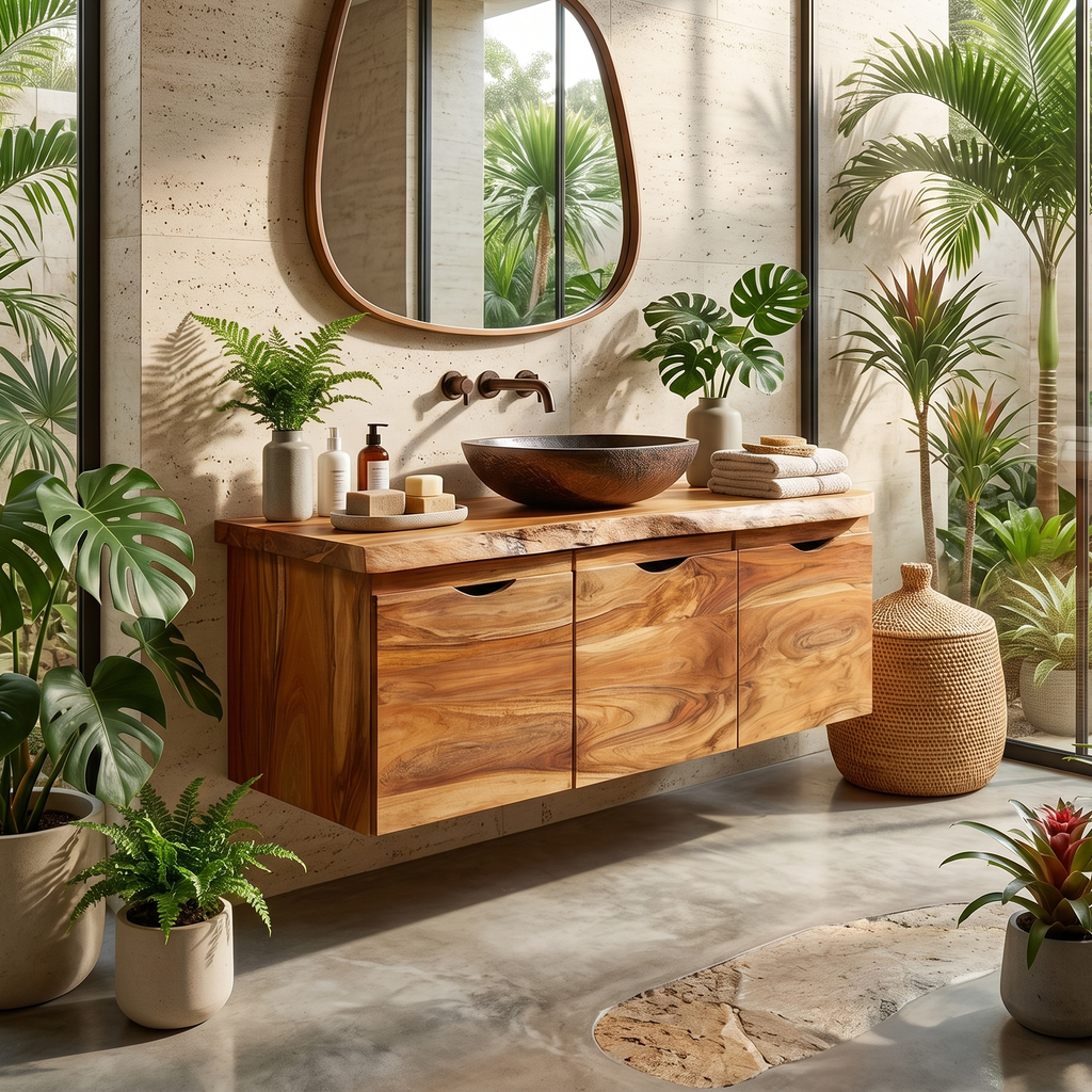 Minimalist Double Sink Vanity Garden Bathroom, solid wood, built to order