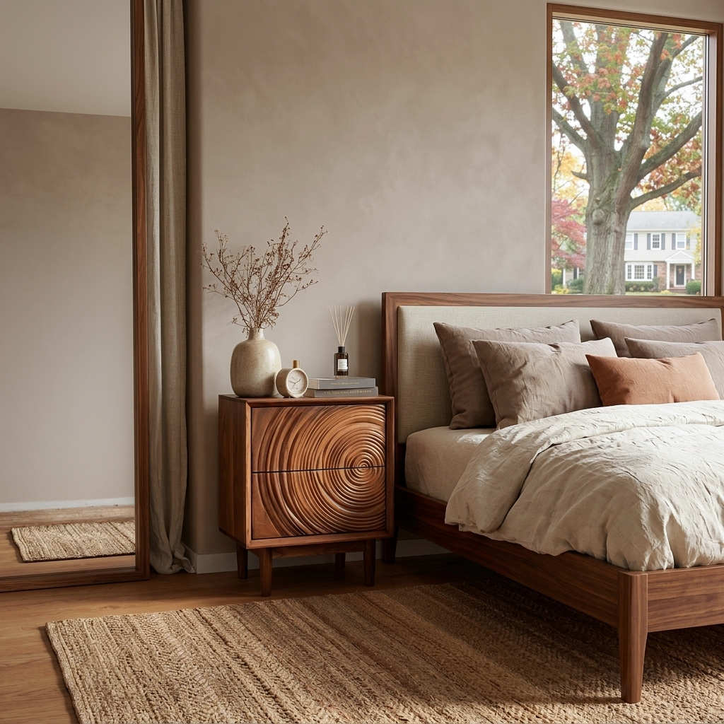 Minimalist Nightstand with Sculptural Door, solid wood, built to order