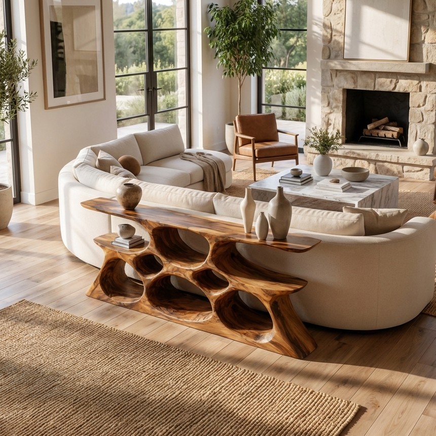 Elegant Wooden Console Table with Sculptural Shelves, solid wood, built to order