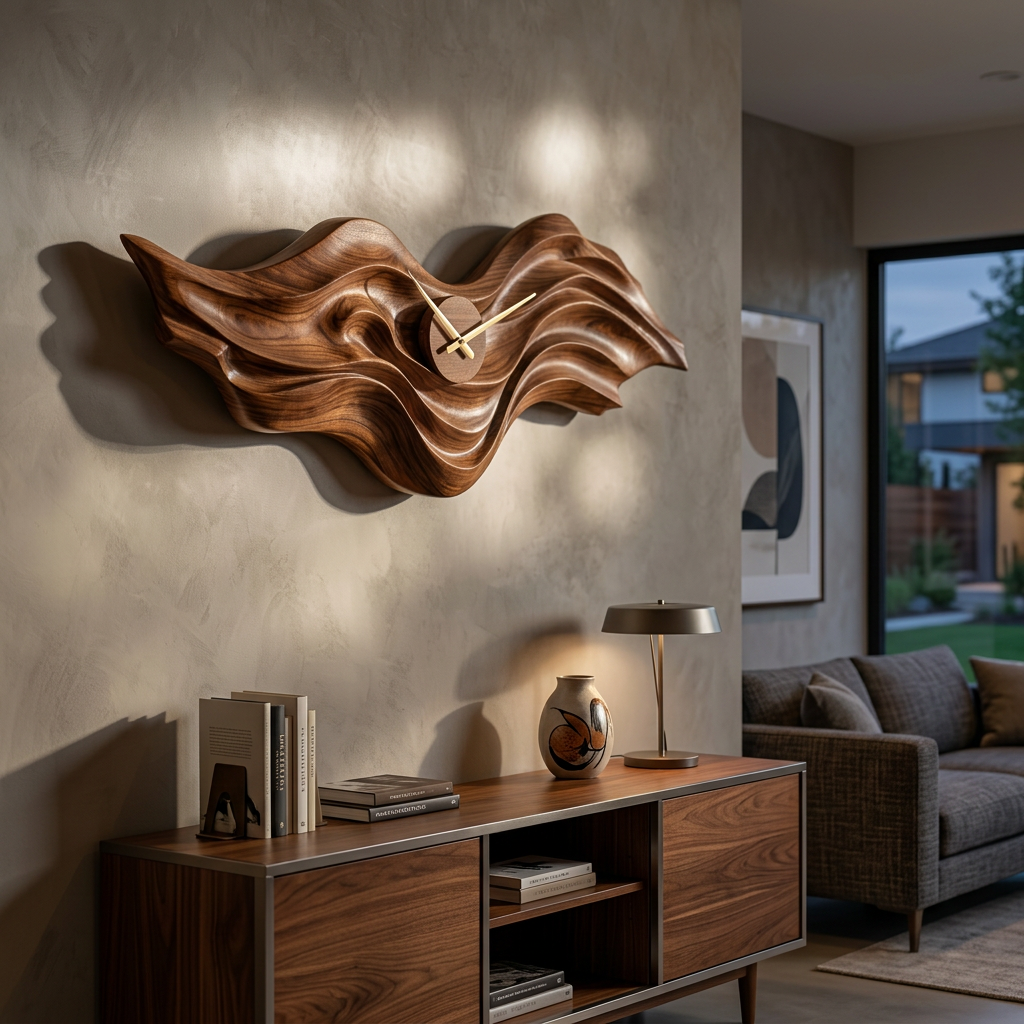 Organic Wood Wall Clock with Wave Sculpture, solid wood, built to order