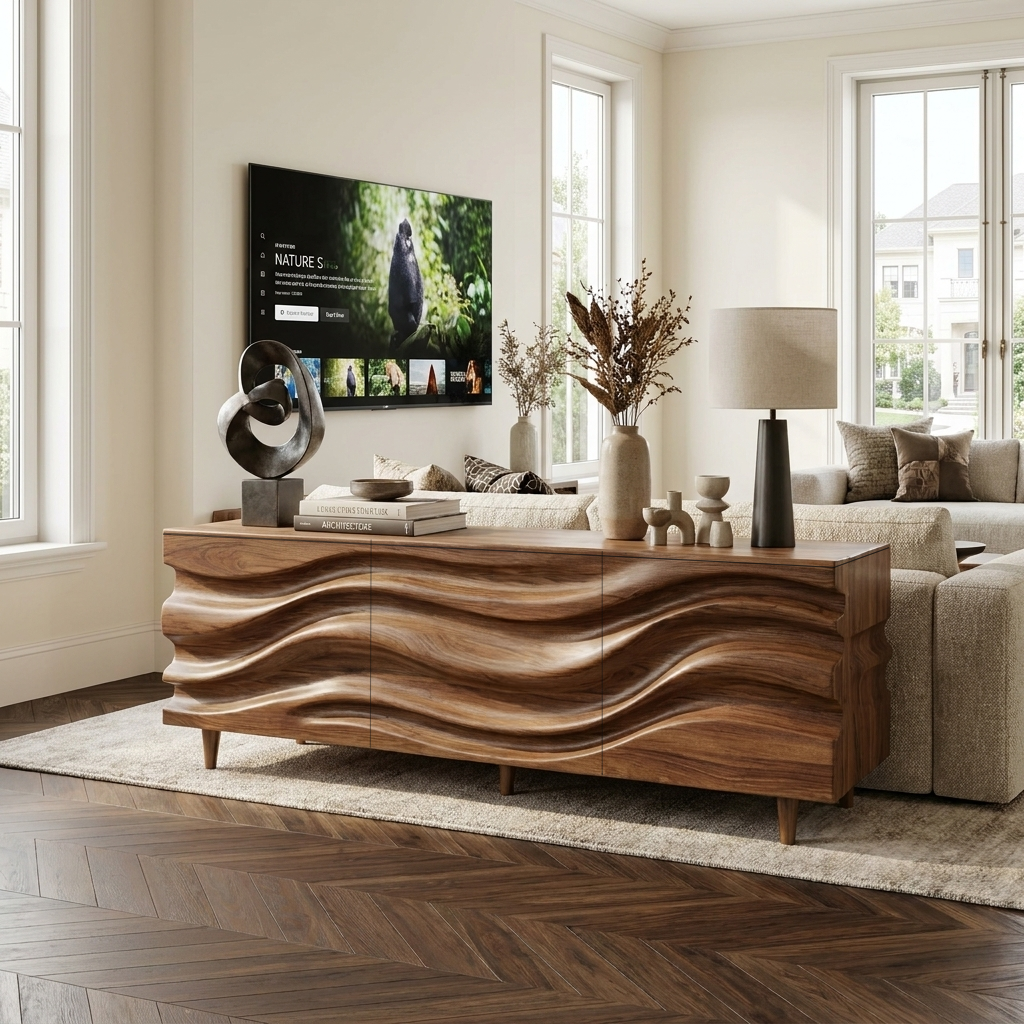 Carved Wave Sideboard, solid wood, built to order