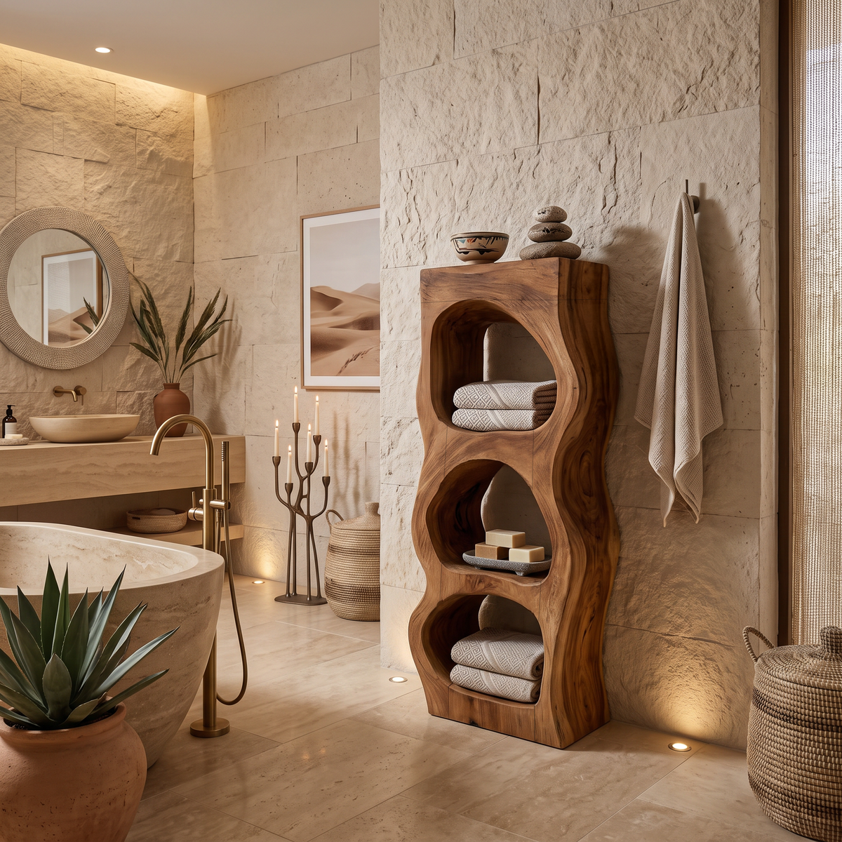 Organic Sculptural Bathroom Shelf for Towels Or Spa Essentials, solid wood, built to order