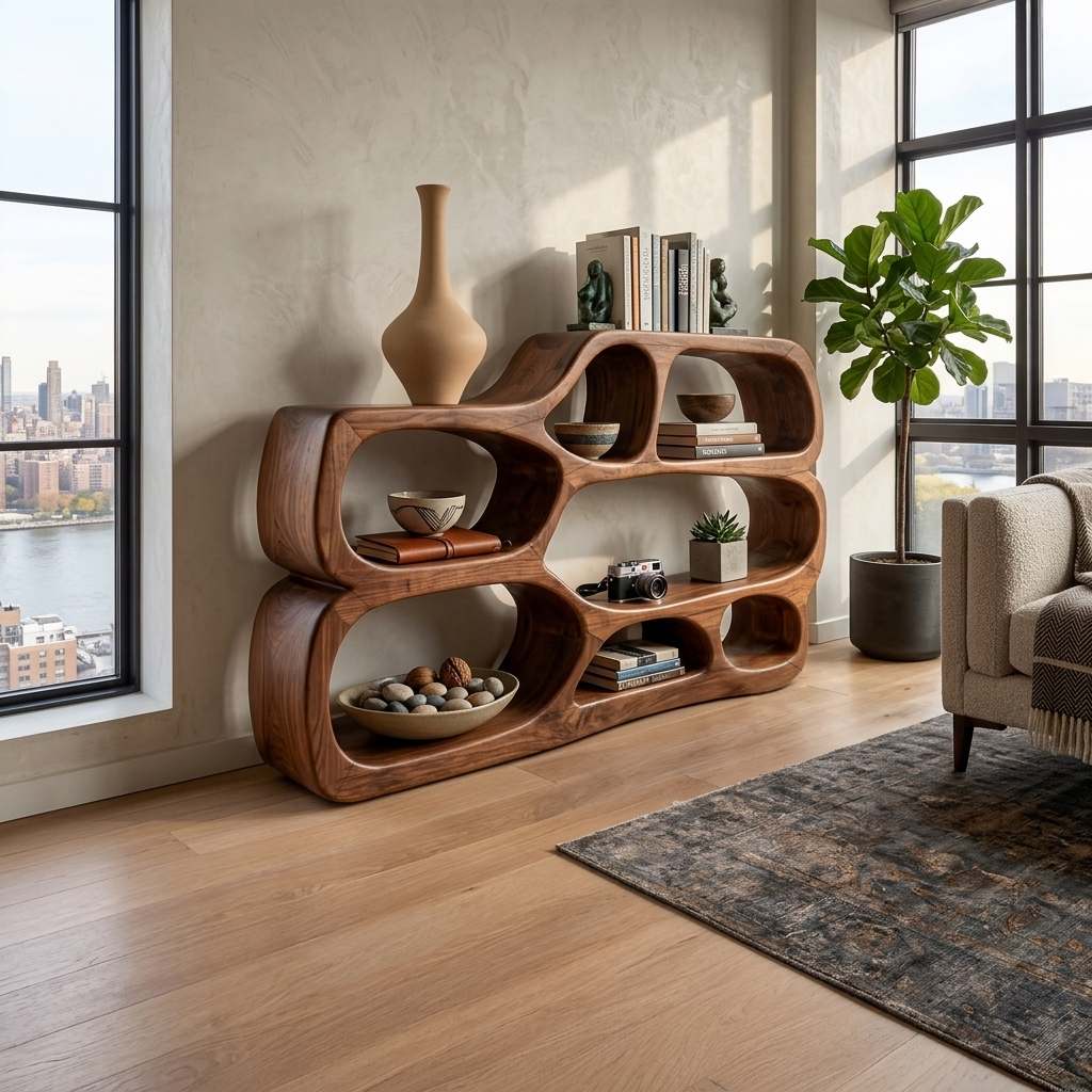Artistic Curved Bookshelf, solid wood, built to order