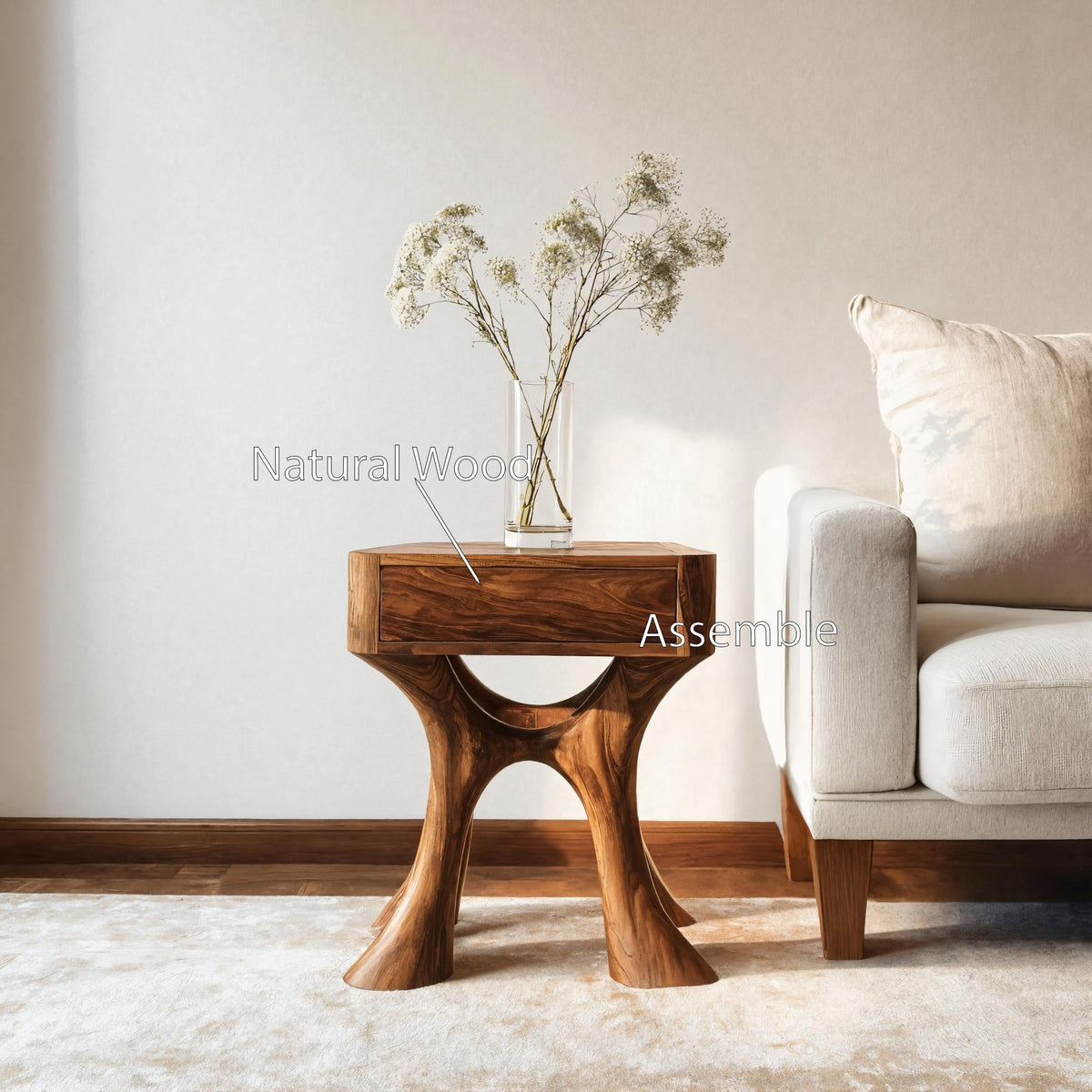Sculptural Side Table with Drawer, solid wood, built to order
