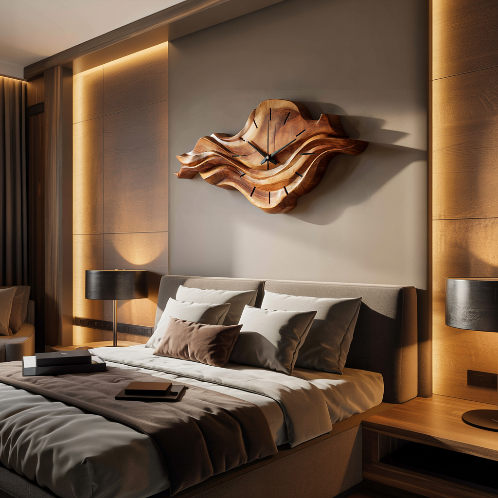 Contemporary Wall Clock with Wave Sculpture, solid wood, built to order