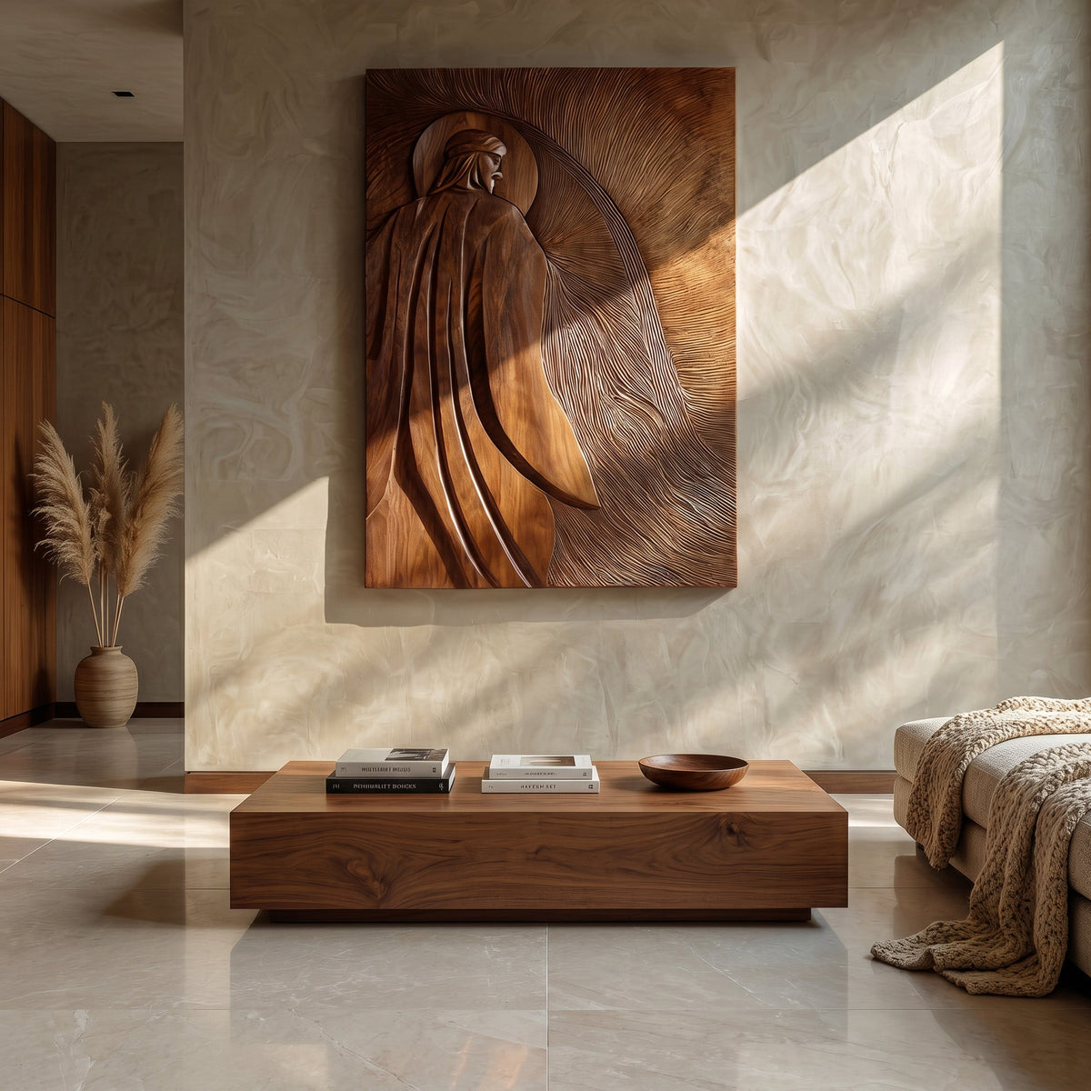 Contemporary Wall Art with Carved Figure, solid wood, built to order