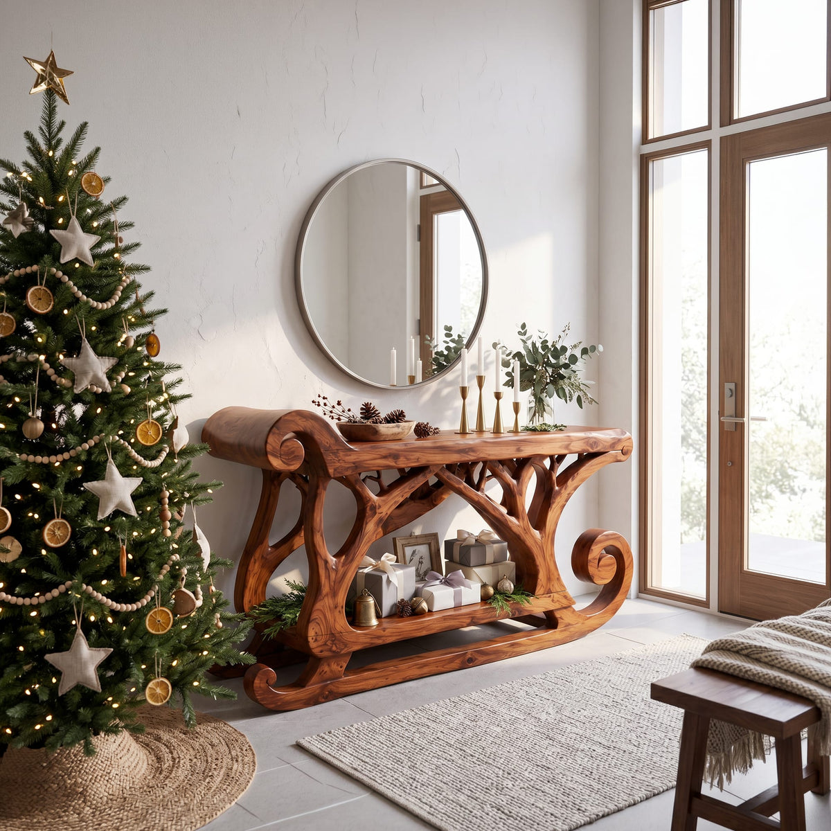 Rustic Console Table with Reindeer Sleigh Design, solid wood, built to order