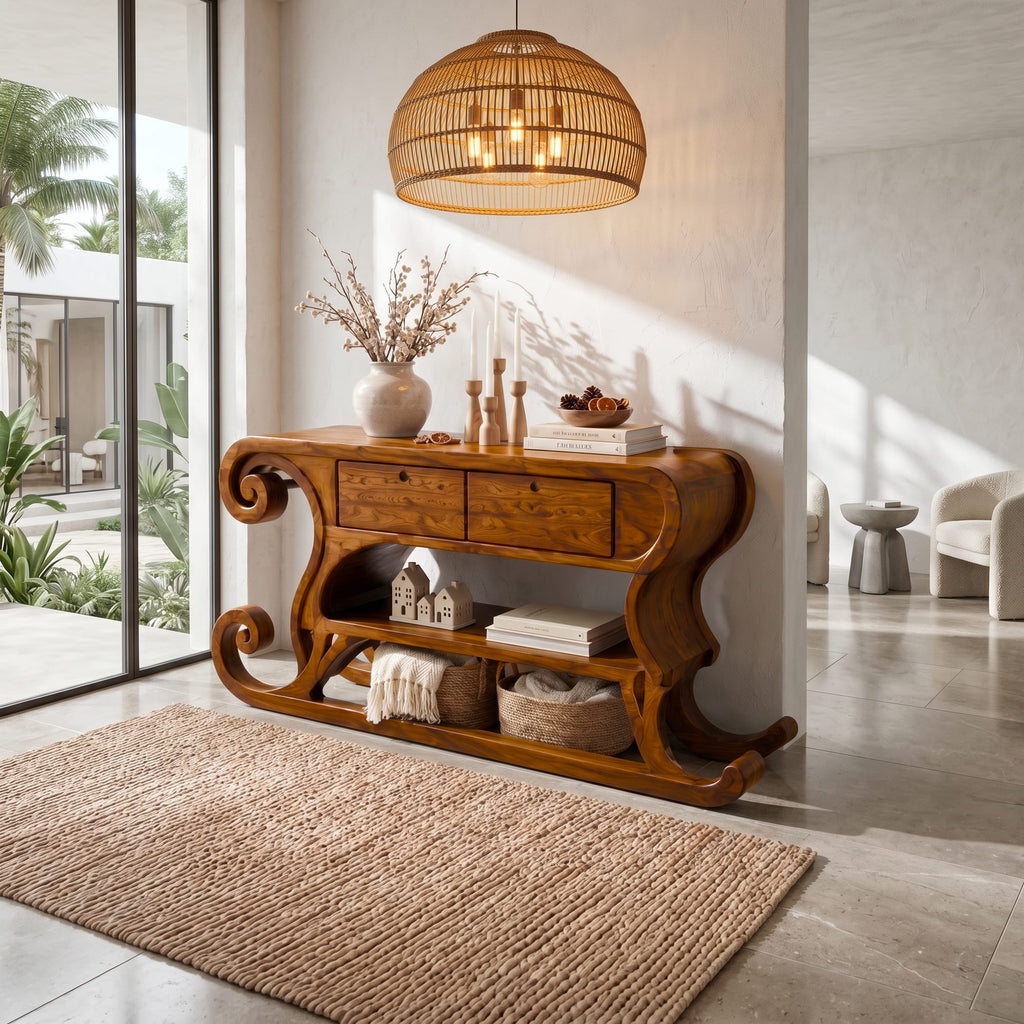 Rustic Console Table with Sleigh Inspired Scroll Design, solid wood, built to order