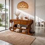 Rustic Console Table with Sleigh Inspired Scroll Design, solid wood, built to order
