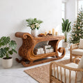 Rustic Console Table with Carved Sleigh Design, solid wood, built to order