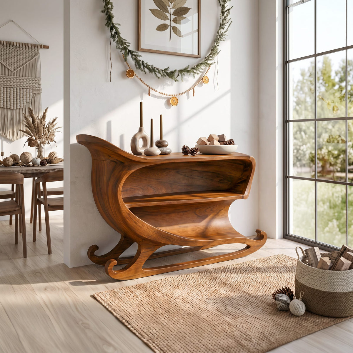 Farmhouse Console Table with Sleigh Inspired Scroll Design, solid wood, built to order