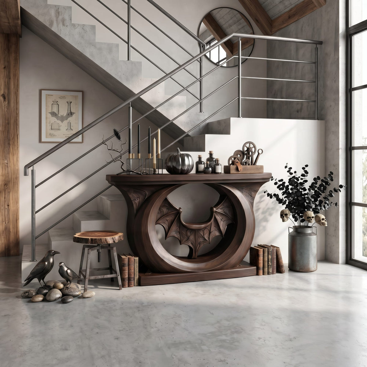 Contemporary Console Table with Sculptural Bat Design, solid wood, built to order