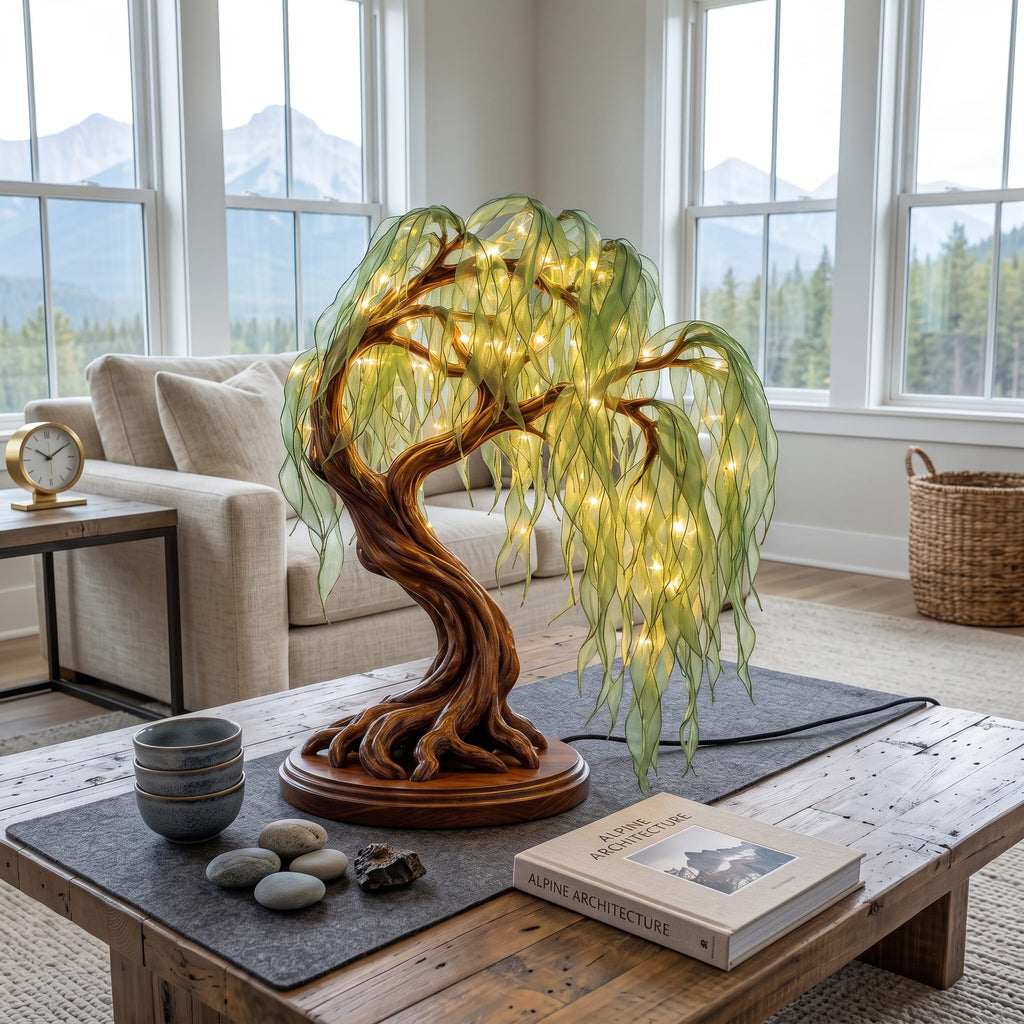 Japandi Bonsai Tree Table Lamp for Nightstand, solid wood, built to order