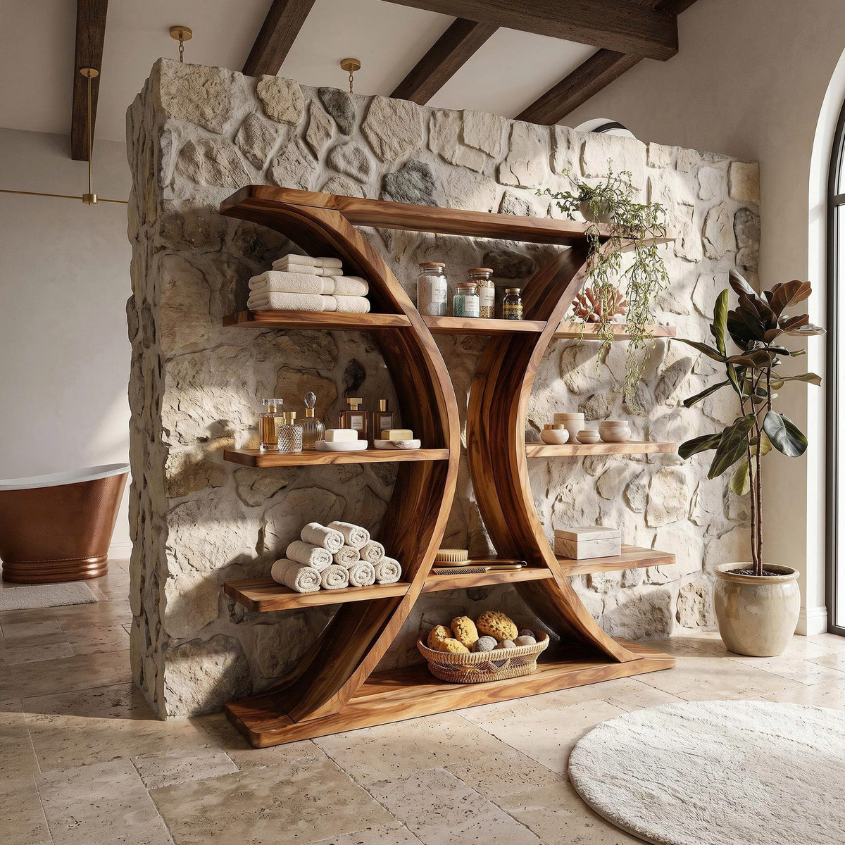Organic Wooden Spa Shelf with Sculptural Curved Frame, solid wood, built to order