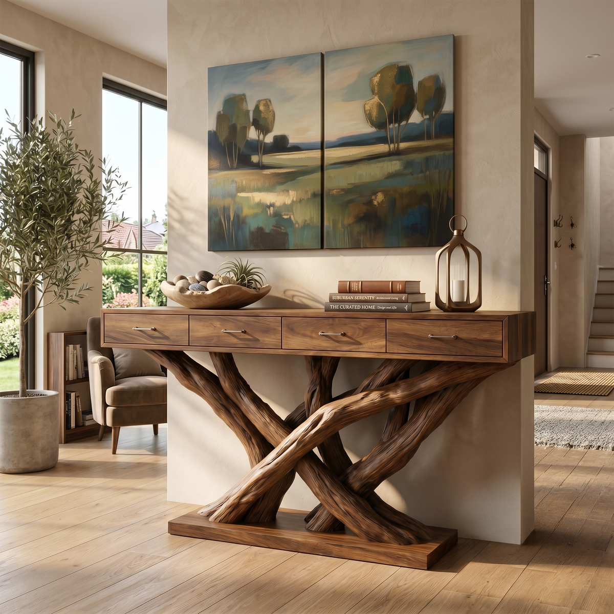 Organic Modern Twisted Root Console Table Entryway, solid wood, built to order